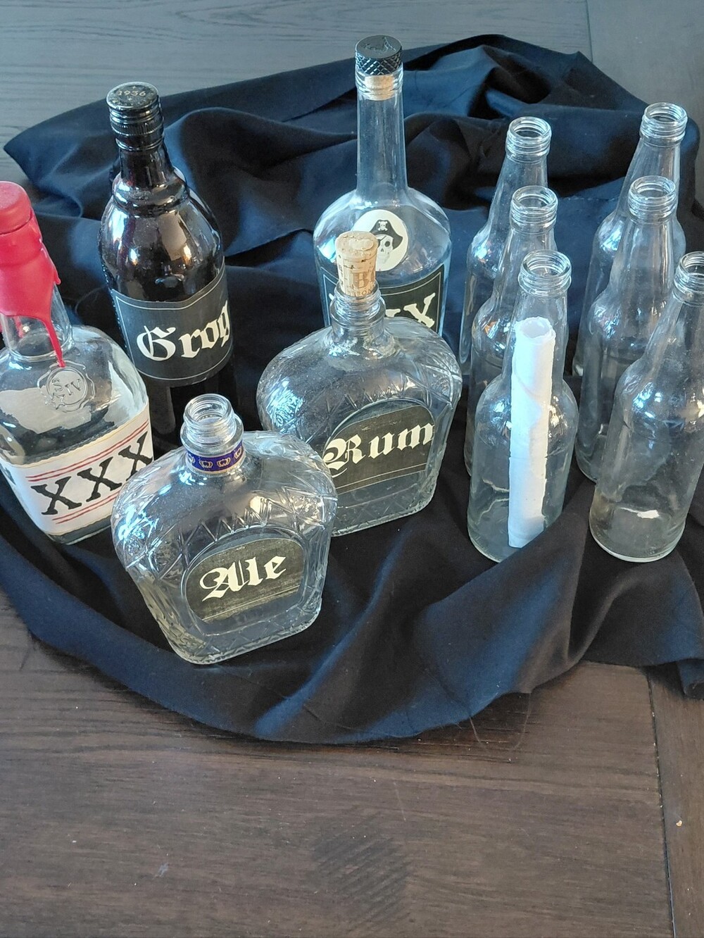 Decorative Clear Glass Bottles - Assorted Ale, Rum, XXX Labels Party Decore
